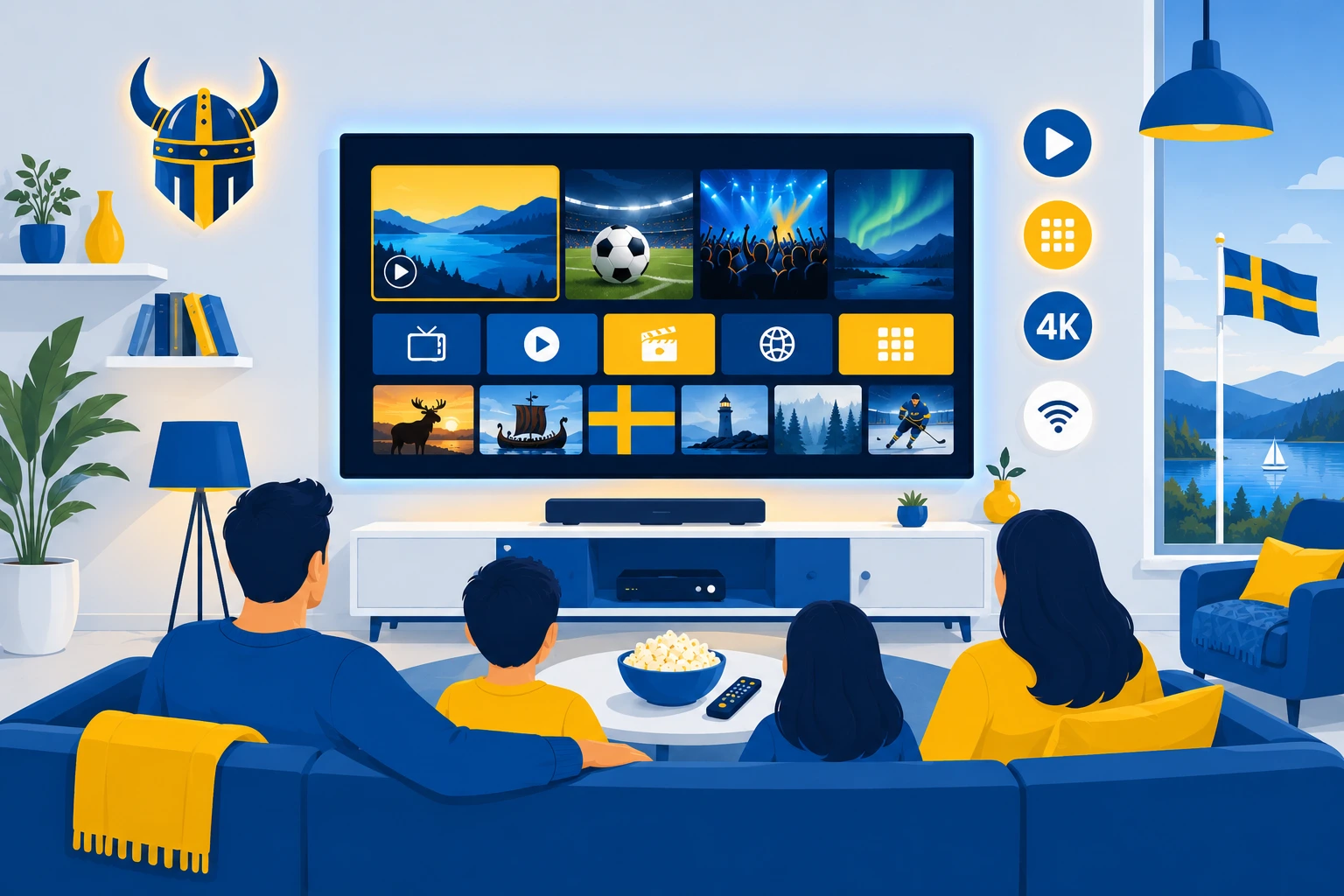 Viking IPTV som streamar på en Smart TV, mobil och surfplatta samtidigt i vardagsrummet