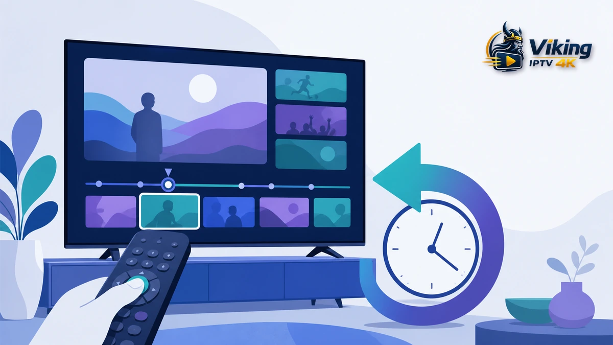 Catch-up TV i IPTV med programguide, tidslinje och repris på tv-skärm