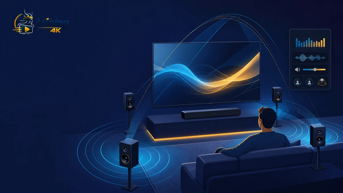 Dolby Atmos IPTV med tv, soundbar, surroundhögtalare, ljudvågor och inställningspanel