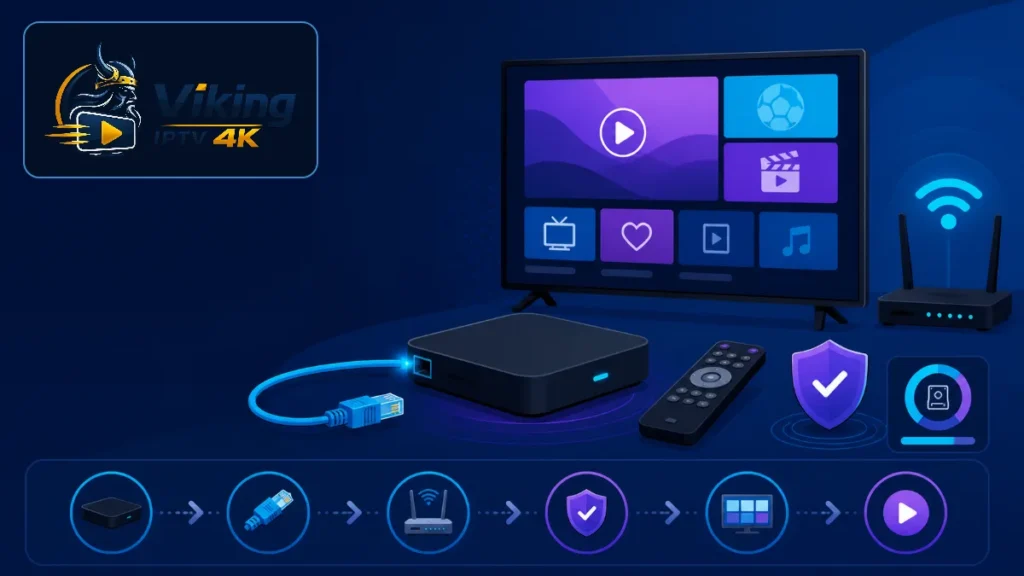 IPTV android box i flat-vector-stil med Android TV, fjärrkontroll, Ethernet, wifi och säker installation