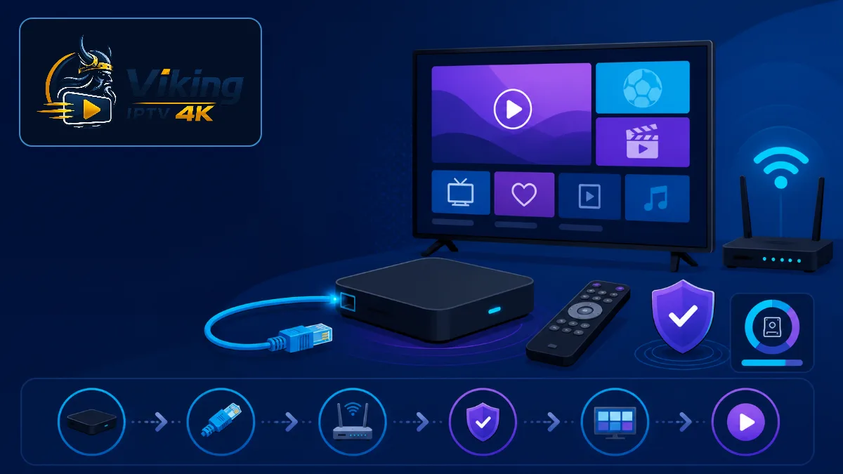 IPTV android box i flat-vector-stil med Android TV, fjärrkontroll, Ethernet, wifi och säker installation