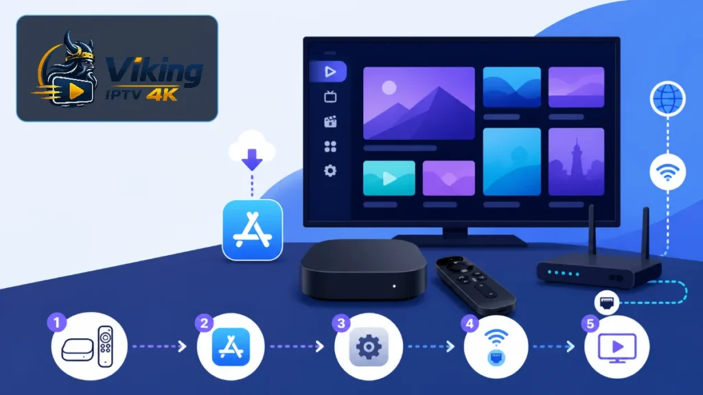 IPTV Apple TV i flat-vector-stil med tvOS, App Store, fjärrkontroll, nätverk och säker installation