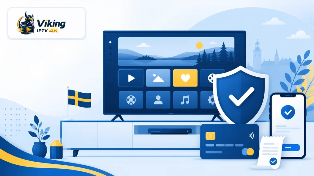 Säker IPTV-betalning med smart-tv, kort, mobil, kvitto och skyddssymbol