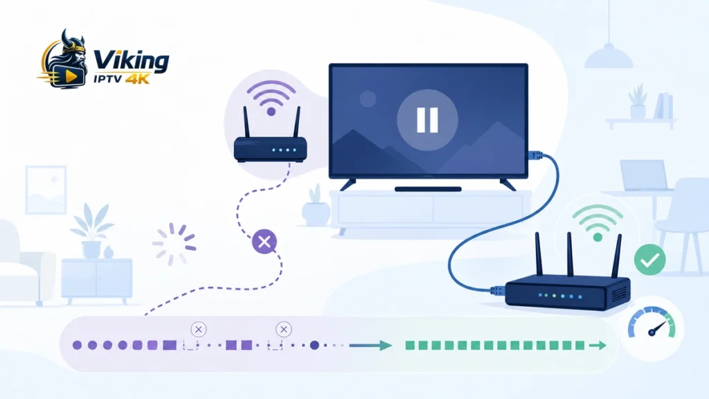 IPTV buffrar med tv, router, wifi, Ethernet och ett dataflöde som går från avbrott till stabil anslutning