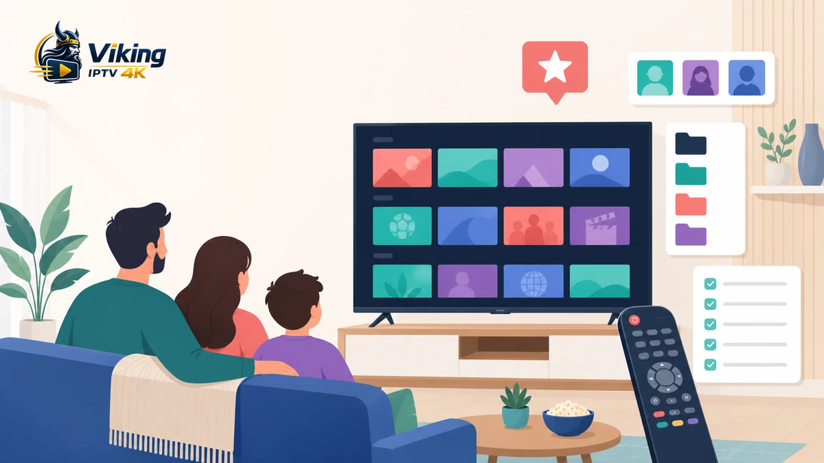 IPTV favoritlistor med tv, familjeprofiler, stjärna, kategorimappar och checklista