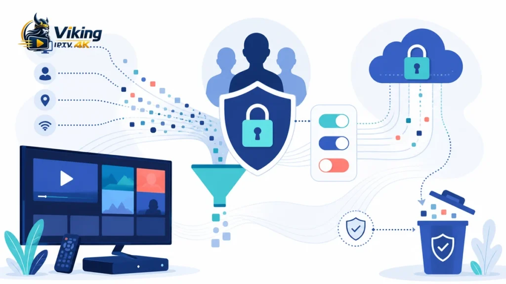 IPTV GDPR med tv, integritetssköld, datakort, lås, router och raderingssymbol