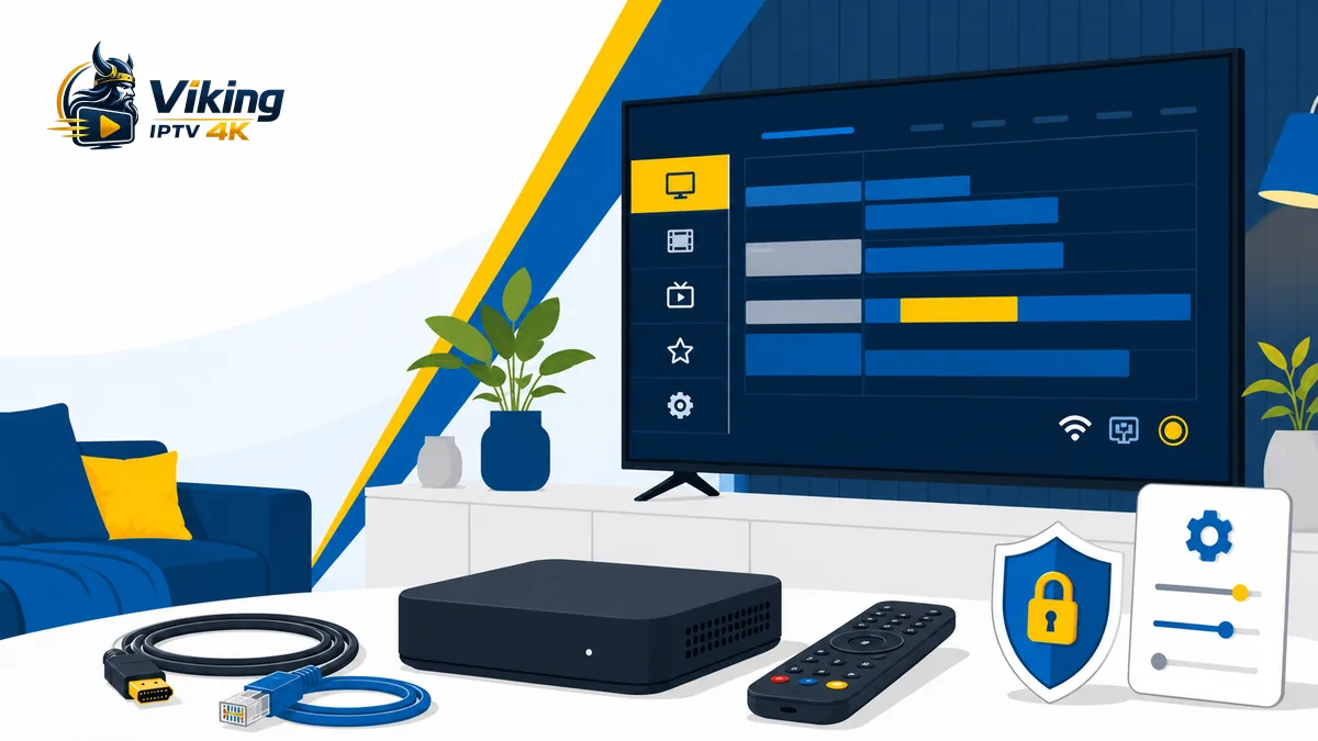 IPTV MAG box med programguide, fjärrkontroll, HDMI, Ethernet, säker portal och inställningar