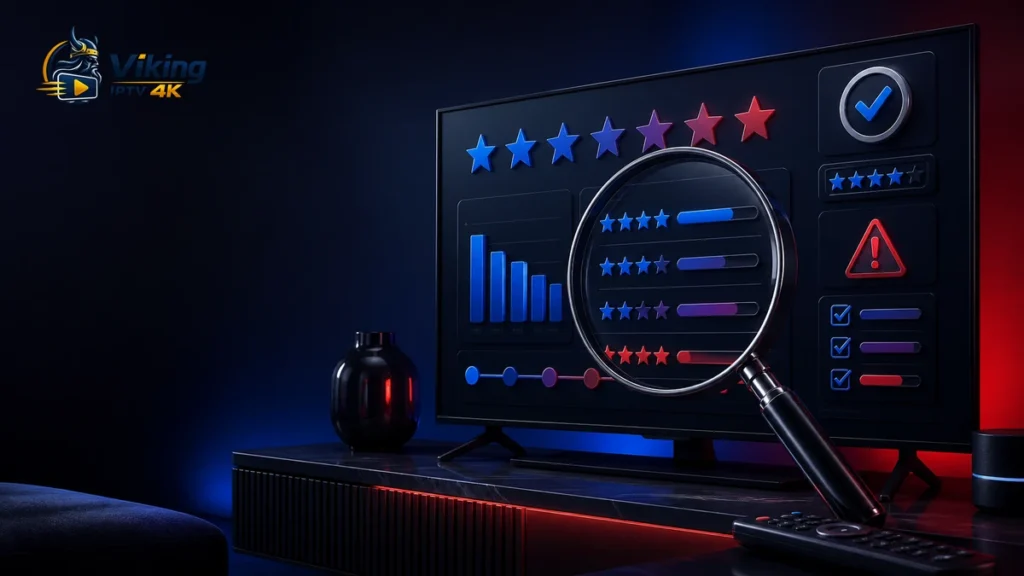 IPTV recensioner med tv, betygsmönster, förstoringsglas, verifieringssymbol och checklista