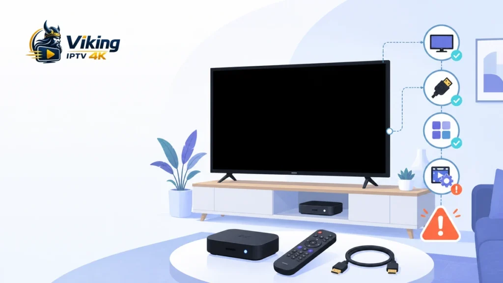 IPTV svart skärm med tv, HDMI-kabel, streamingbox, fjärrkontroll och stegvis bildfelsökning