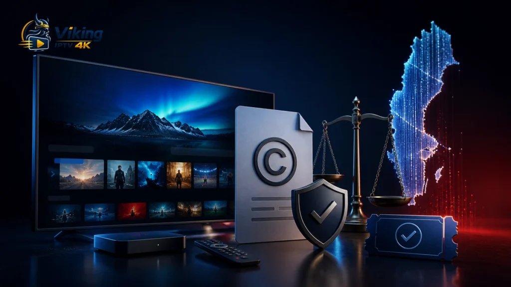 IPTV upphovsrätt med tv, licensdokument, skyddssköld, vågskål och Sverige