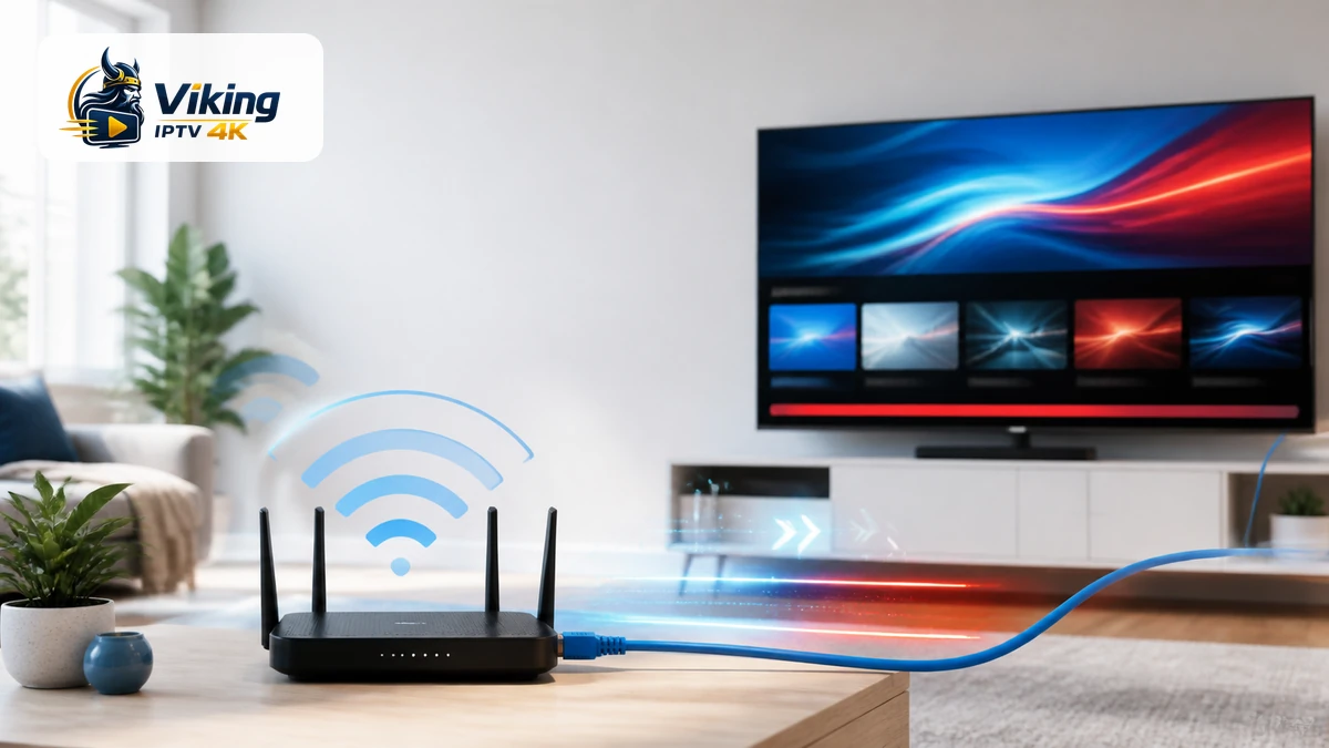 Router IPTV inställningar med tv, router, Ethernetkabel, wifi-band och stabilt dataflöde
