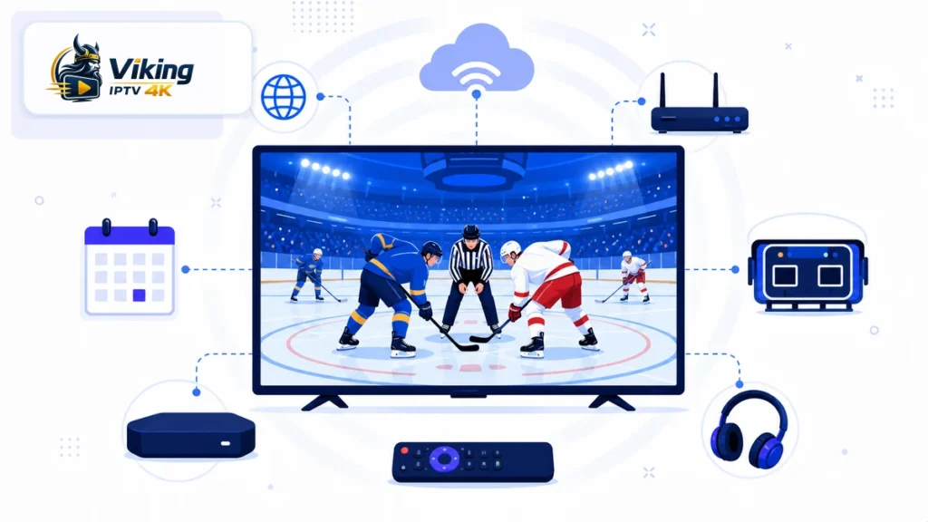 SHL stream IPTV med hockeymatch, TV, router och fjärrkontroll