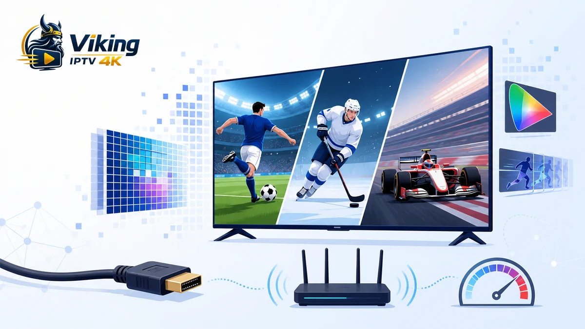 Sport 4K stream på smart-tv med fotboll, racing, HDR, nätverksmätare och HDMI-kabel