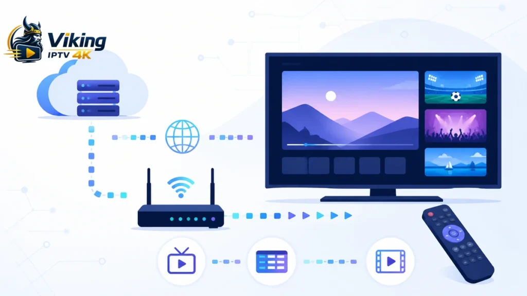 Vad är IPTV förklarat med tv, router, internet, server, programguide och video on demand