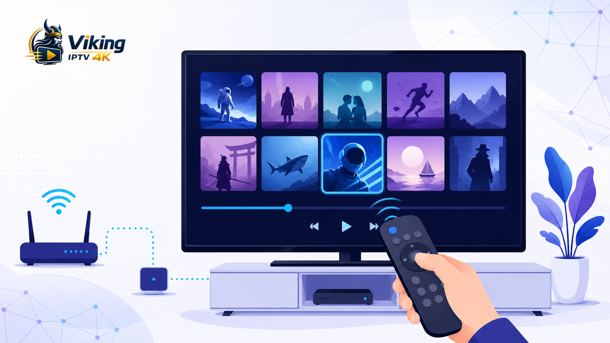VOD IPTV med filmmeny, fjärrkontroll och uppspelning på smart-tv