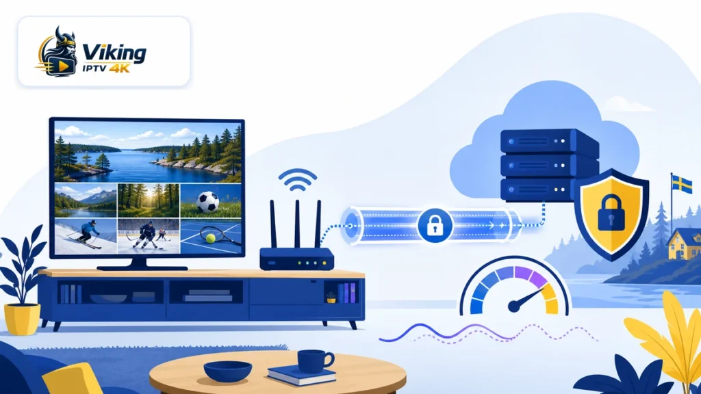 VPN och IPTV med smart-tv, router, krypterad tunnel, server och hastighetsmätare