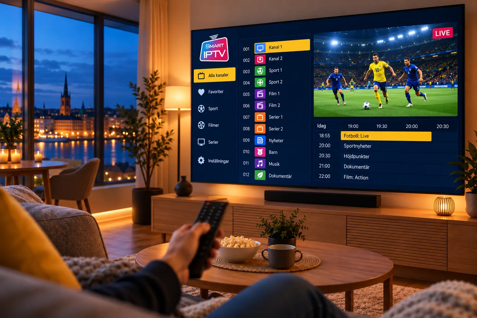 Smart IPTV-appen på en stor Smart TV med kanallista, programguide och livefotboll i ett skandinaviskt vardagsrum på kvällen